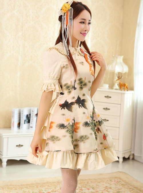 Koi And Lotus Flower Chinese Style Lolita Short Sleeve Dress