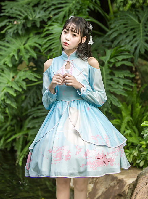 Retro Chinese Style Blue Chiffon Lolita Long Sleeve Dress