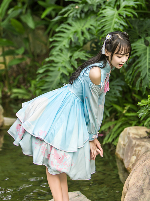 Retro Chinese Style Blue Chiffon Lolita Long Sleeve Dress