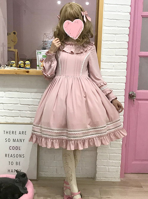 Elegant Cute Lace Pure Color Ruffles Classic Lolita Long Sleeve Dress