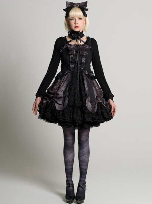 Black Chiffon Lace-up Gothic Lolita Sling Dress