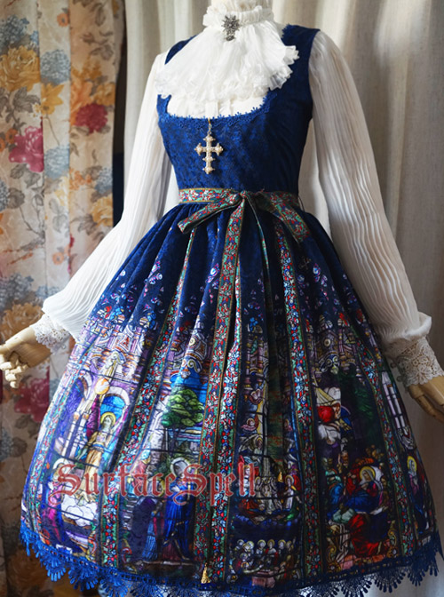 Surface Spell Rosary Printing High Waist Lolita Long Sleeve Dress