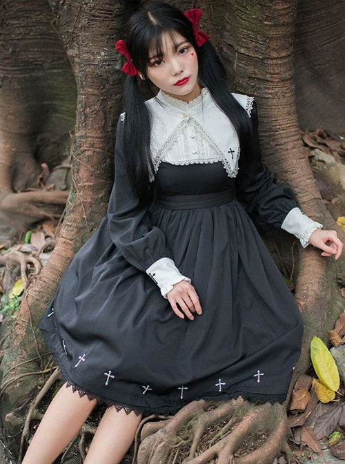 Unknown Poem Series Cross Embroidery Gothic Lolita Black Long Sleeve Dress