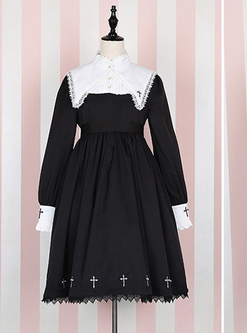 Unknown Poem Series Cross Embroidery Gothic Lolita Black Long Sleeve Dress