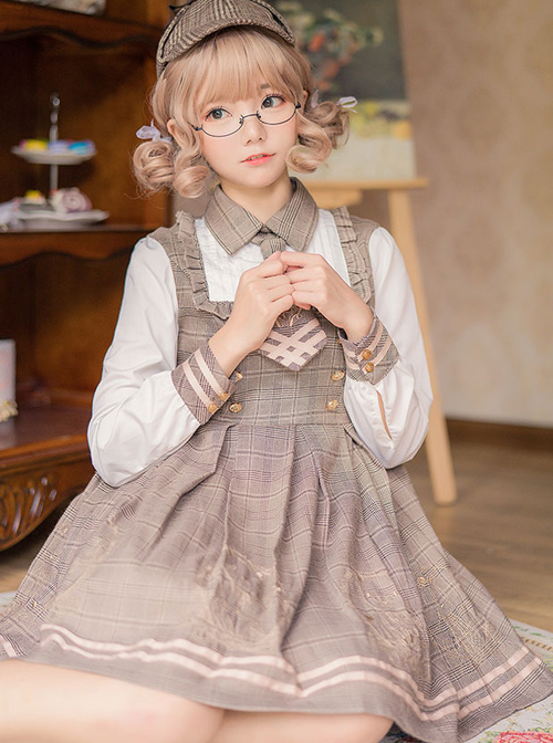 Little Bear Detective School Lolita Plaid Long Sleeve Dress