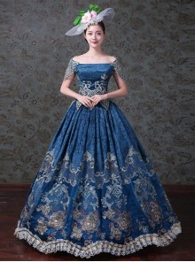 Navy Blue Off Shoulder True Velvet Embroidery Prom Dress