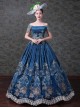 Navy Blue Off Shoulder True Velvet Embroidery Prom Dress