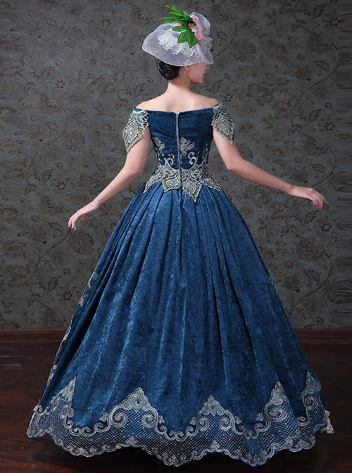 Navy Blue Off Shoulder True Velvet Embroidery Prom Dress