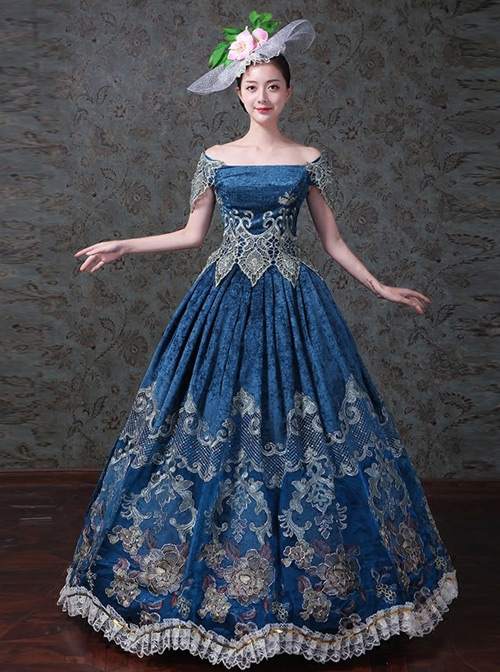 Navy Blue Off Shoulder True Velvet Embroidery Prom Dress