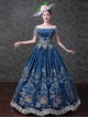 Navy Blue Off Shoulder True Velvet Embroidery Prom Dress
