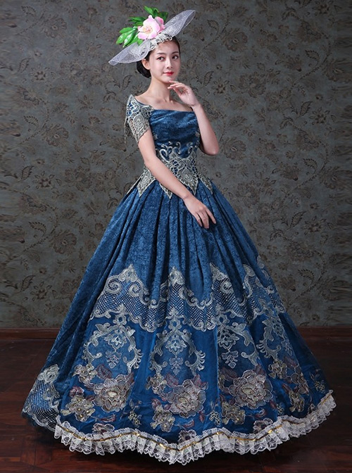 Navy Blue Off Shoulder True Velvet Embroidery Prom Dress