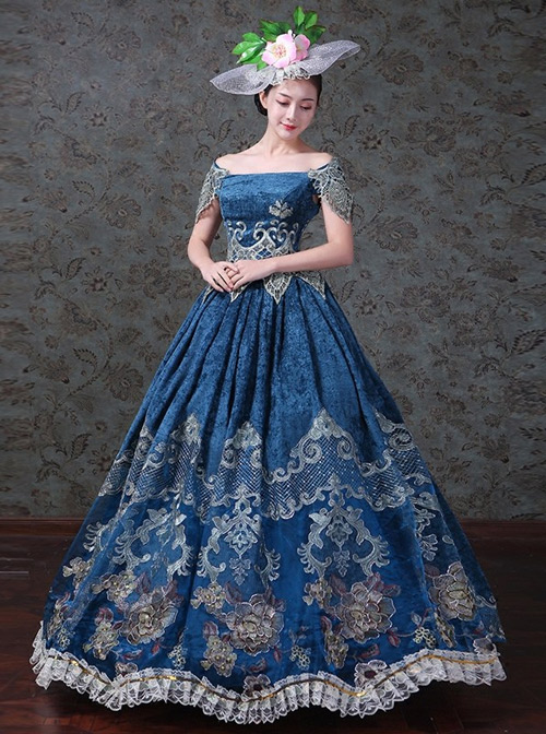 Navy Blue Off Shoulder True Velvet Embroidery Prom Dress