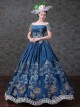 Navy Blue Off Shoulder True Velvet Embroidery Prom Dress