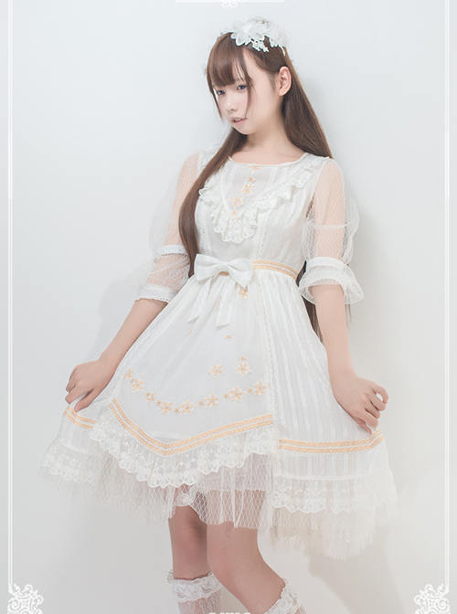 Chiffon Puff Sleeve Bowknot Ruffle Lolita Half Sleeve Dress