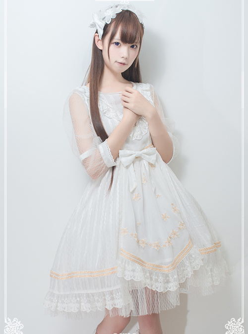 Chiffon Puff Sleeve Bowknot Ruffle Lolita Half Sleeve Dress