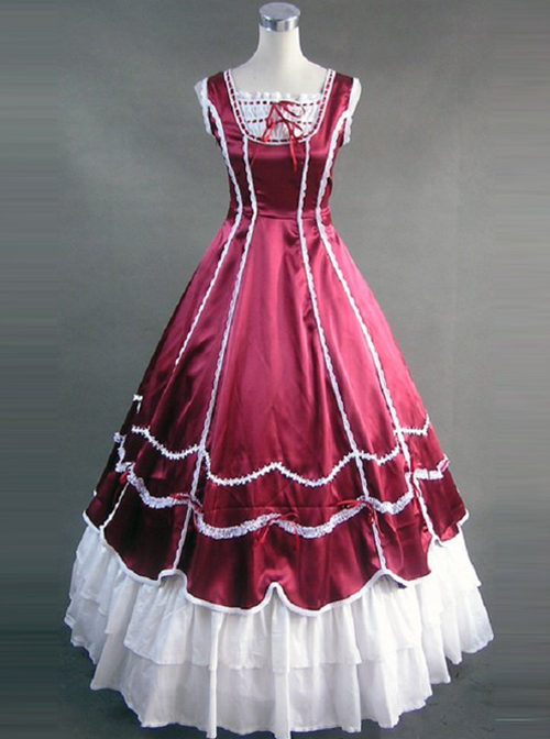 Red And White Lace Double-Layer Lace-up Lolita Prom Dress