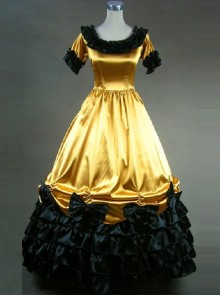 Retro Yellow And Black Lace Ruffles Round Collar Lolita Prom Dress (Extra Large)