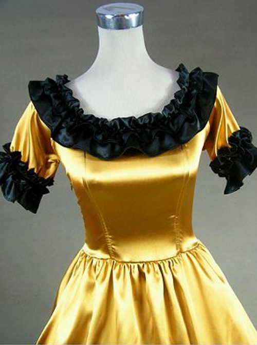 Retro Yellow And Black Lace Ruffles Round Collar Lolita Prom Dress (Extra Large)