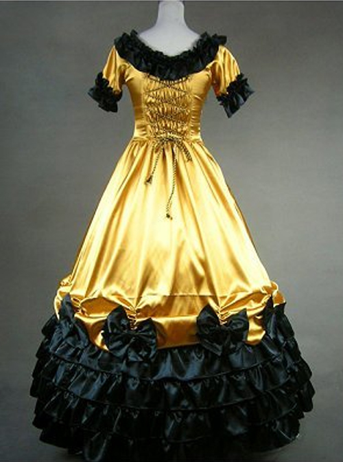 Retro Yellow And Black Lace Ruffles Round Collar Lolita Prom Dress ...