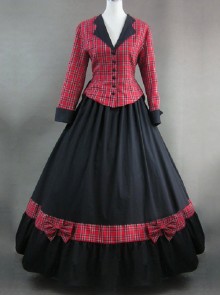 Renaissance Student Style Red Plaid Top And Skirt Two-piece Set Lolita Prom Dress