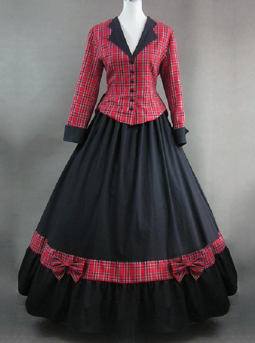 Renaissance Student Style Red Plaid Top And Skirt Two-piece Set Lolita Prom Dress