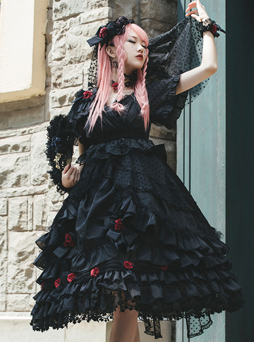 Swan Lake Series Lace Gothic Lolita Short Sleeve Dress