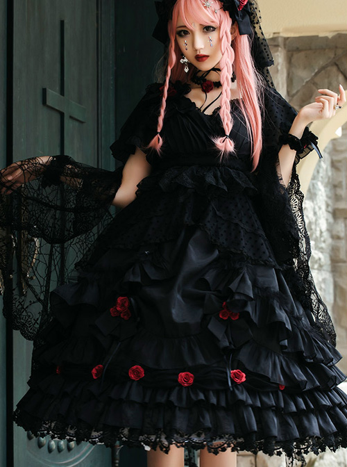 Swan Lake Series Lace Gothic Lolita Short Sleeve Dress