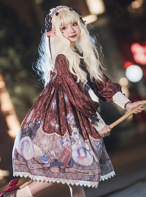 Magic Crystal Cat Series OP Halloween Gothic Lolita Long Sleeve Dress