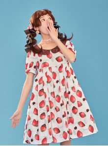 Chocolate Strawberry Lapel High Waist Classic Lolita Short Sleeve Dress