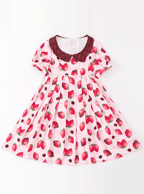 Chocolate Strawberry Lapel High Waist Classic Lolita Short Sleeve Dress