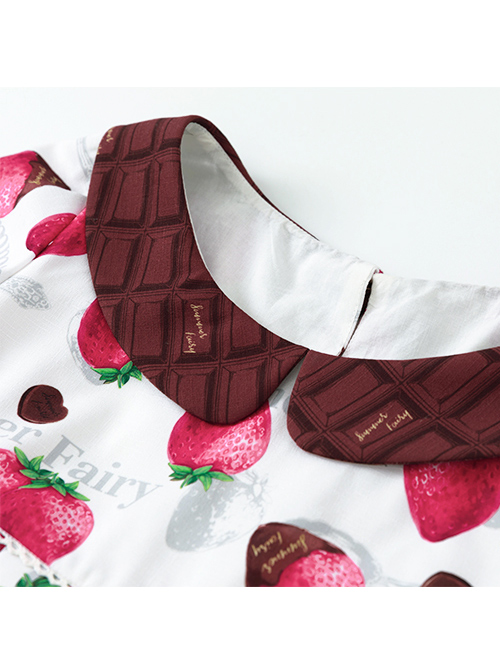 Chocolate Strawberry Lapel High Waist Classic Lolita Short Sleeve Dress