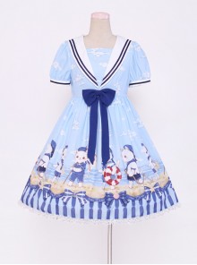 Blue Chiffon Bowknot Navy collar Sweet Lolita Short Sleeve Dress