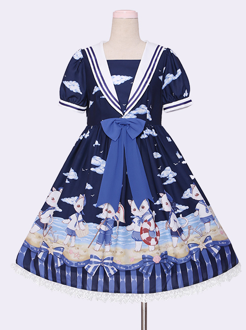 Blue Chiffon Bowknot Navy collar Sweet Lolita Short Sleeve Dress