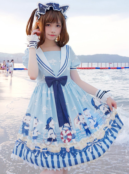 Blue Chiffon Bowknot Navy collar Sweet Lolita Short Sleeve Dress