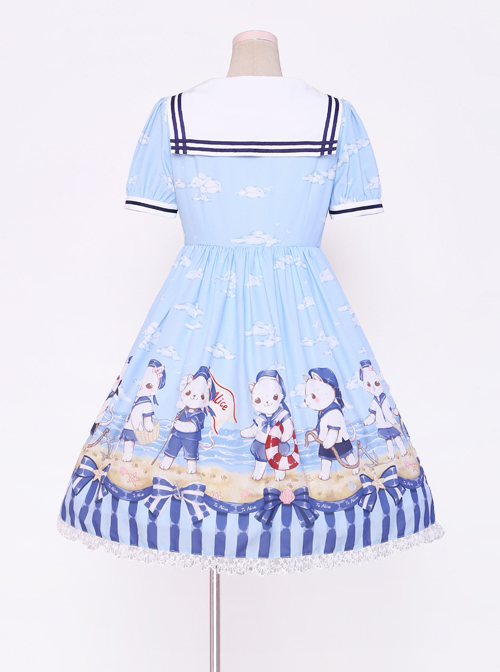 Blue Chiffon Bowknot Navy collar Sweet Lolita Short Sleeve Dress