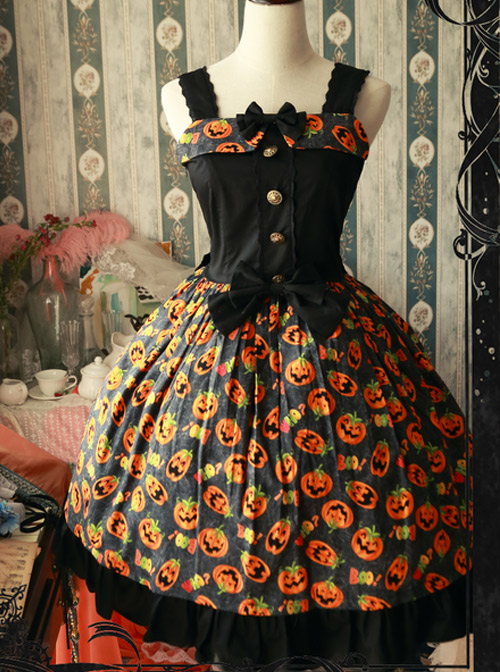 Magic Tea Party Halloween Pumpkin Head Printing Gothic Lolita Sling Dress