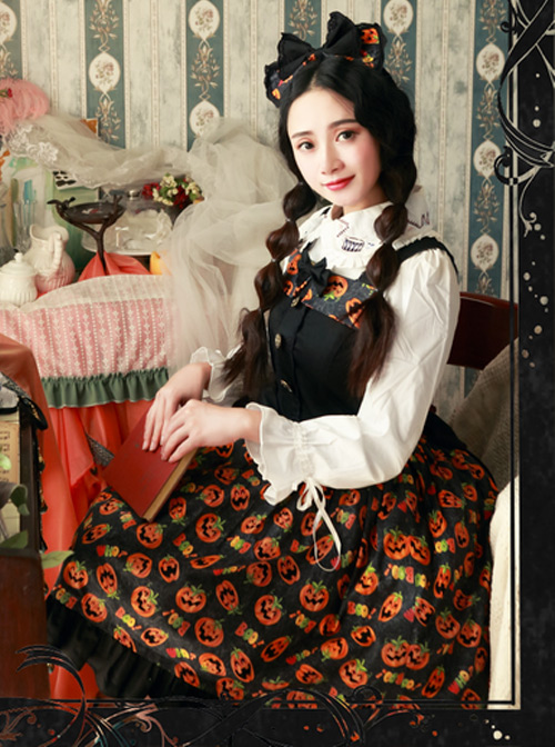 Magic Tea Party Halloween Pumpkin Head Printing Gothic Lolita Sling Dress