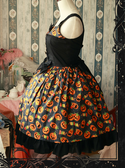 Magic Tea Party Halloween Pumpkin Head Printing Gothic Lolita Sling Dress