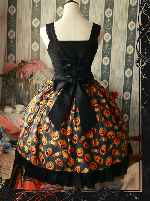 Magic Tea Party Halloween Pumpkin Head Printing Gothic Lolita Sling Dress