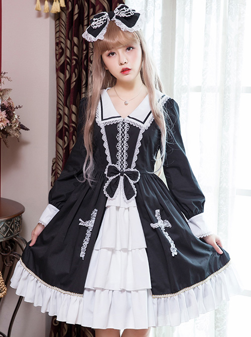 Black And White Bowknot Lace Crucifix Gothic Lolita Lapel Long Sleeve Dress