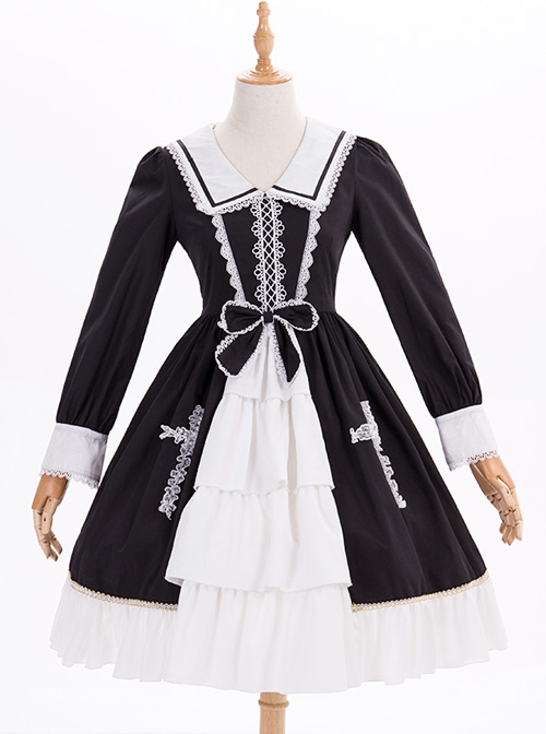 Black And White Bowknot Lace Crucifix Gothic Lolita Lapel Long Sleeve Dress