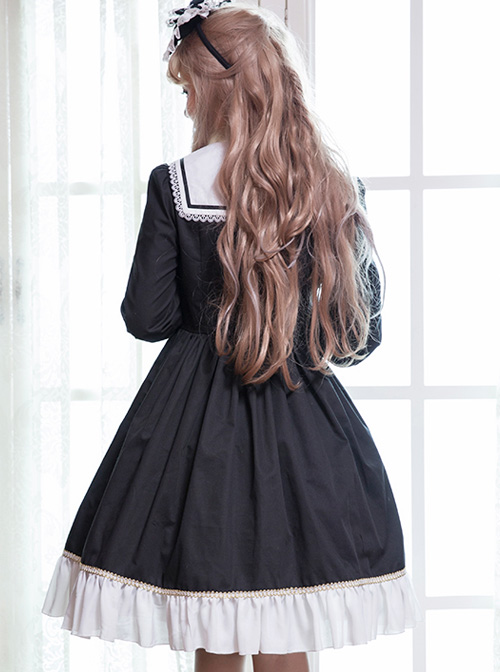 Black And White Bowknot Lace Crucifix Gothic Lolita Lapel Long Sleeve Dress