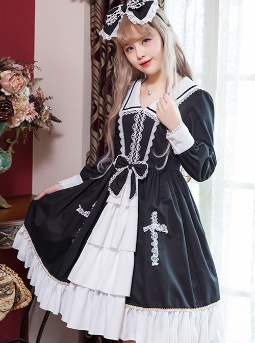 Black And White Bowknot Lace Crucifix Gothic Lolita Lapel Long Sleeve Dress