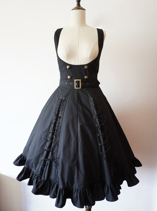 Pure Color Lace-up Punk Lolita Deep Collar Dress