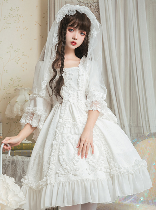 Pure White Retro Gorgeous Trumpet Sleeve Classic Lolita Wedding Dress