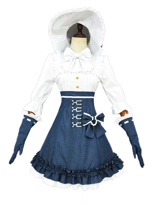 Alice Style White And Navy Blue Classic Lolita Dress And Hat Set