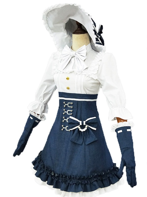 Alice Style White And Navy Blue Classic Lolita Dress And Hat Set