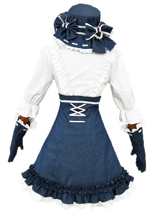 Alice Style White And Navy Blue Classic Lolita Dress And Hat Set