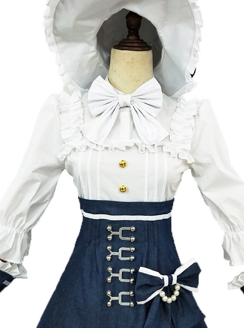 Alice Style White And Navy Blue Classic Lolita Dress And Hat Set