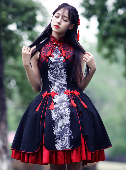 Tsing Lung White Tiger Series Tsing Lung Chinese Style Classic Qi Lolita Sleeveless Dress And Shawl Set